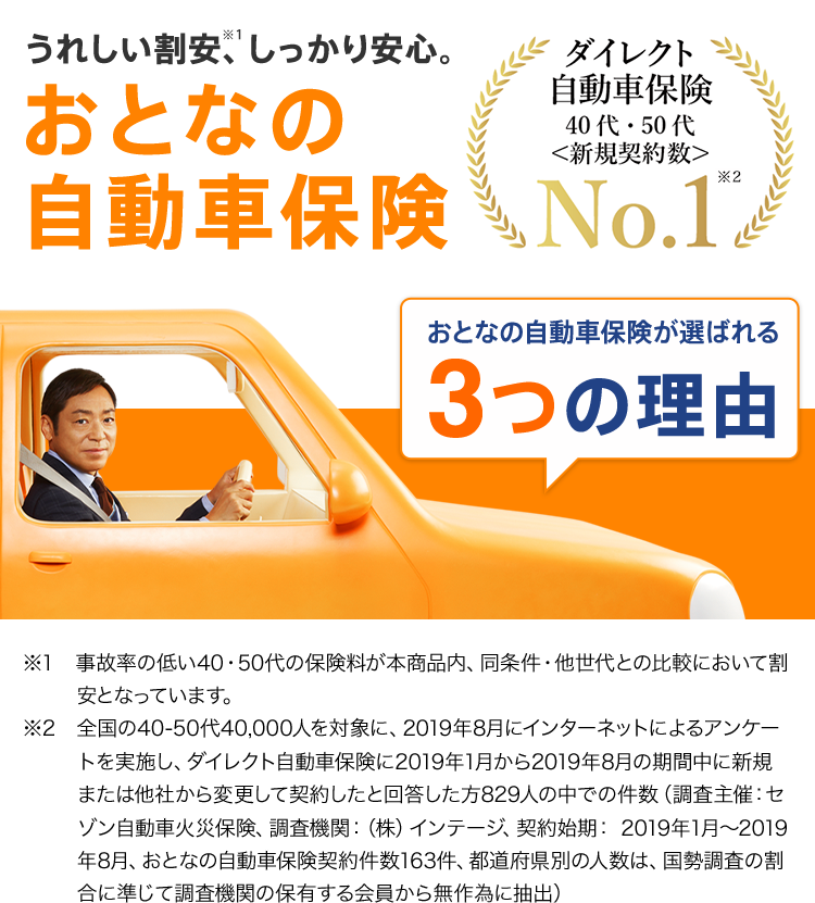 ダイレクト自動車保険 40代50代〈新規契約件数〉4年連続No.1※1 おとなの自動車保険が選ばれる3つの理由 1 事故率が低い世代の保険料を割安※に 2 事故受付は24時間365日安心の事故対応力 3 無料でご提供のサービス ALSOK事故現場安心サポート ※本商品内・同条件で他世代との比較